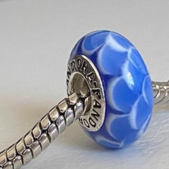 PANDORA Silver 925 ALE Murano Glass Screw Core Stacked Petals Blue Bead - Picture 7 of 8